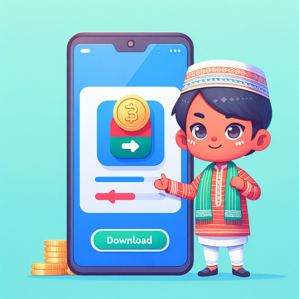 Cartoon character holding a smartphone with Taka333 app interface and coins