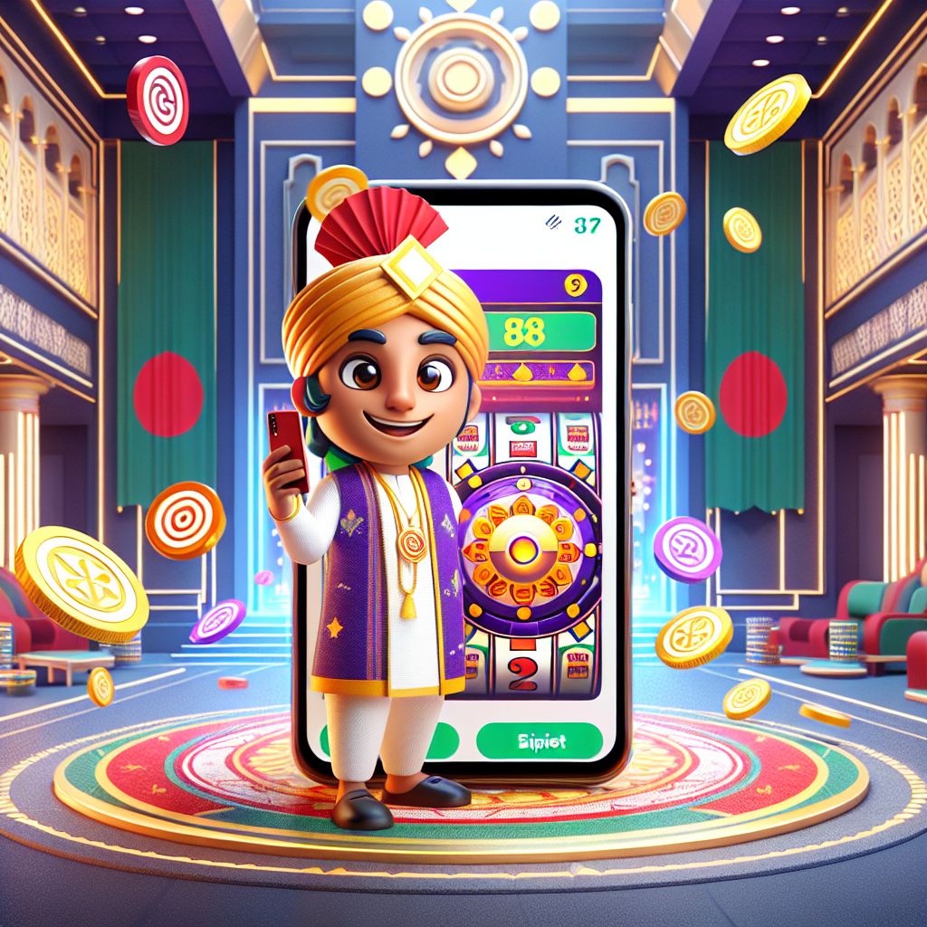 Taka333 casino cartoon character holding chips and a phone with slot reels