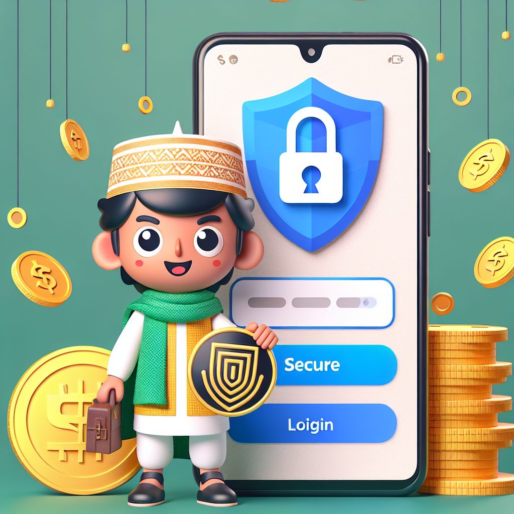 Taka333 themed cartoon character holding a phone with a login screen and a security shield