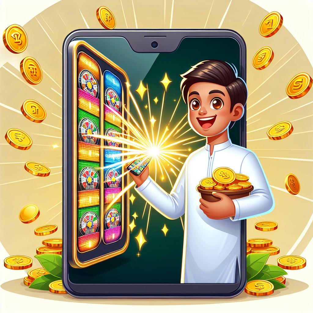 Cartoon slot player with spinning reels, coins, and jackpot lights